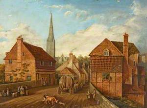 Harnham Bridge, Salisbury, Wiltshire, with a Covered Waggon Crossing, a Cow and People, the Cathedral in the Background