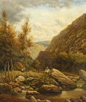 A Country Scene including a Stream, Rocky Hills, Two Men and a Cottage