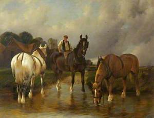 A River Landscape with Three Horses Watering, One of Them Ridden by a Boy