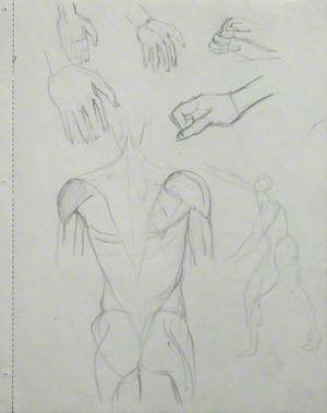 Hands, Torso from the Back, Figure in Left Profile, Right Arm Raised, Left Down, and Feet Separated