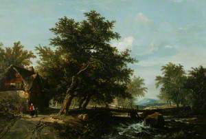 Landscape: Cottage, Trees, a Stream and Distant Hills