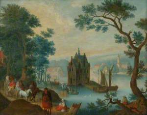 Landscape with Figures on a Path in the Foreground and a Castle on a River