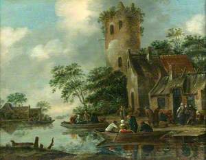River Scene with a Ruined Tower on the Bank and Figures in Rowing Boats