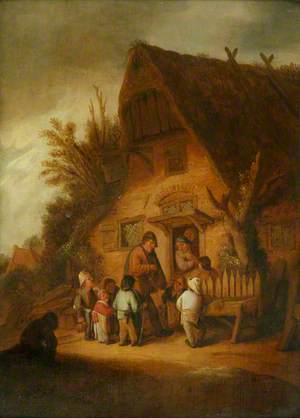 An Itinerant Musician Playing the Hurdy-Gurdy to a Group of Children Outside an Inn Door
