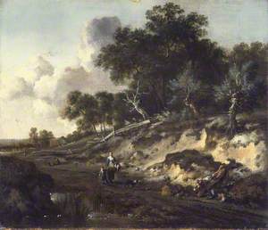 Wooded Landscape with Figures Walking by a Sandy Bank