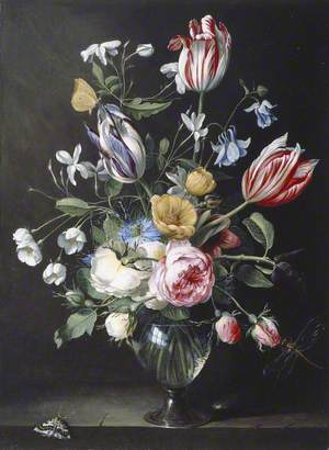 Roses, Tulips, Tobacco Plants and Other Flowers in a Glass Vase