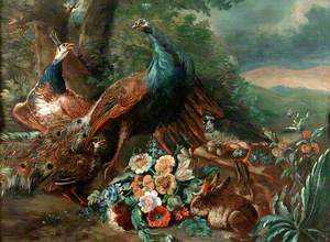 Landscape with Peacock and Peahen, Other Ornamental Fowl and a Rabbit