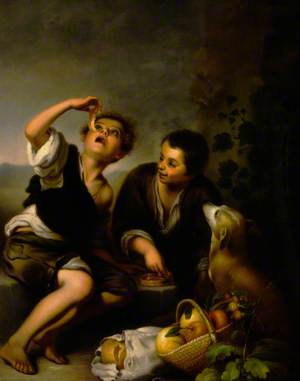 Children with a Dog and a Basket of Fruit