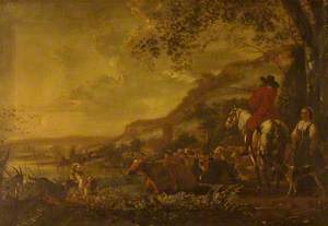 A Hilly River Landscape with a Horseman talking to a Shepherdess