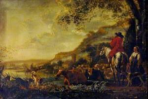 A Hilly River Landscape with a Horseman talking to a Shepherdess