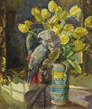 Parrot and a Jug of Yellow Tulips