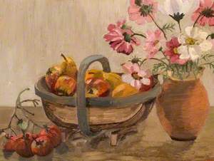 Apples and Pears in a Trug with Tomatoes and a Vase of Japanese Anemones