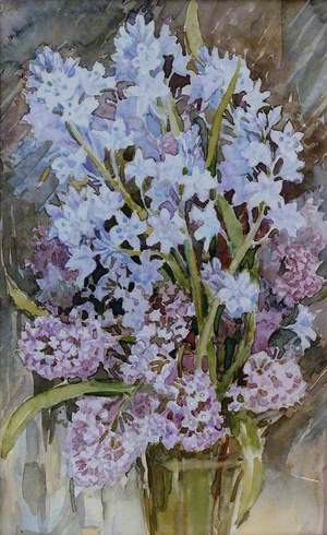 Bluebells and Lilacs in a Glass Vase
