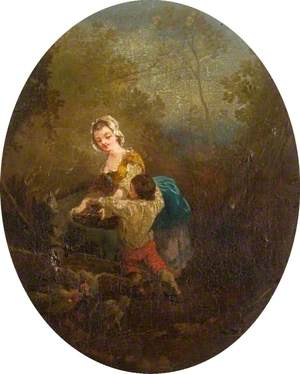 Girl, Boy, Donkey and Chickens in a Landscape