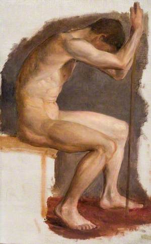 Seated Male Nude, Leaning Forward on a Staff