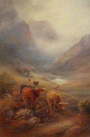 Highland Cattle with a Stream and a Mountain Valley