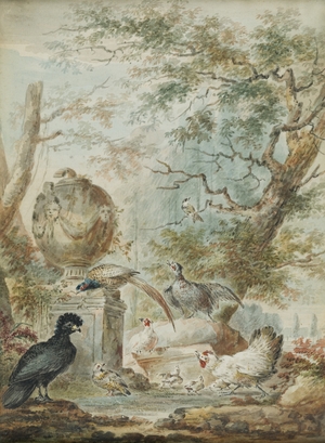 Pheasant, Chickens, Chicks and other Birds beside a Classical Urn