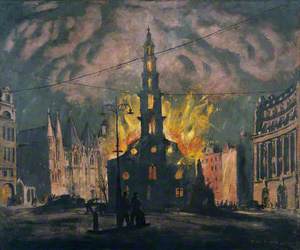 St Clement Dane's Church on Fire after Being Bombed