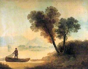 Fisherman with a Net on a Boat on a Lake