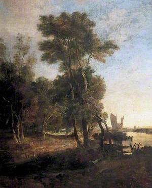 Woodland with a River and Barges with Sails