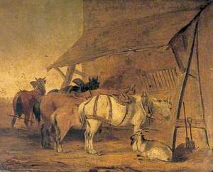 Working Horses and a Pony Eating at a Manger, Goat Sitting in the Foreground