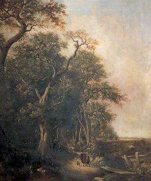 Wood Scene, Man with a Boy and a Dog