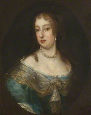Portrait of an Unknown Lady in a Blue and White Dress Wearing a Pearl Necklace
