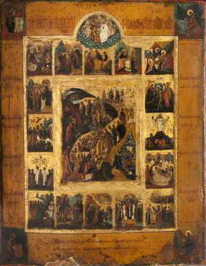 Icon with the Resurrection and Anastasis (Descent into Hell) with 16 Festival Scenes