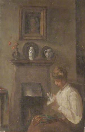 Girl Sewing by a Fireside