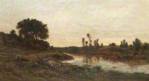 Cattle and Figures by a River at Dusk