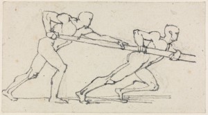 Two Male Figures Pushing a Pole to the Right