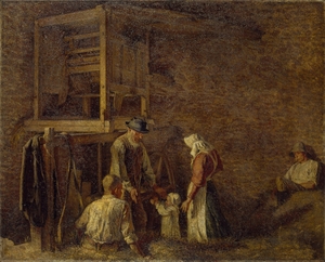 The Interior of a Barn, with Two Labourers Resting and an Old Man about to Embrace a Child Accompanied by a Woman