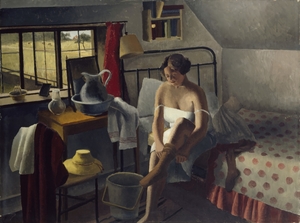 Interior with a Girl Dressing on a Bed