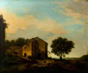 Landscape with a Building, Cows and Sheep