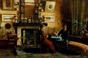 Interior with a Couple Playing Cards 