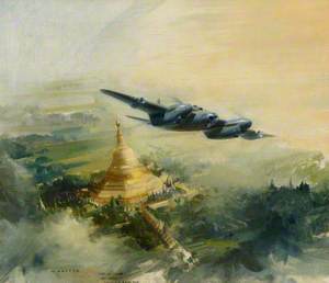 PR (Photo-Reconnaissance) Mosquito of 684 Squadron over the Shwedagon Pagoda, Rangoon