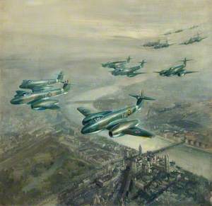 Meteor Mk 1s in Fly Past over Central London