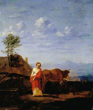 A Woman with Cows on a Road