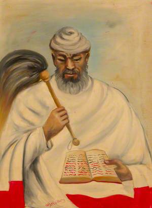 Bearded Man Dressed in White Holding a Fly Whisk and Book