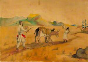 Two Figures and Two Mules Walking through a Landscape