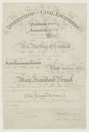 ICE Certificate Awarding Marc Isambard Brunel the Thomas Telford Silver Medal