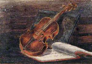Violin, Portfolio and an Open Book