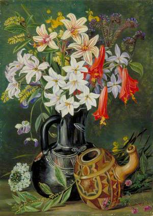 Chilian Lilies and Other Flowers in Black Jug with Ornamented Gourd for Mate