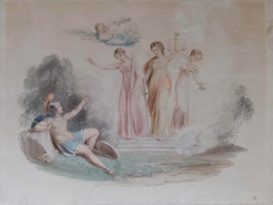 Mythological Vignette with Five Figures, Coloured