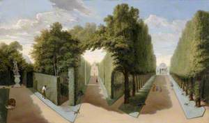 A View of Chiswick House Gardens with the Bagnio and Domed Building Alleys