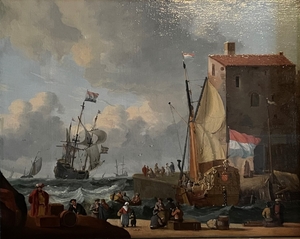 Figures on the Quay of a Port with Shipping Beyond