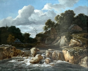 A Waterfall with a Rocky Landscape beyond