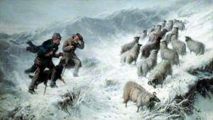 Shepherd and Sheep in Snow