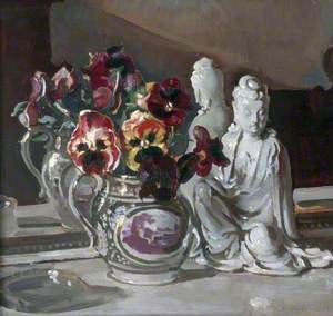 Pansies in a Lustre Jug with a Blanc de Chine Figure