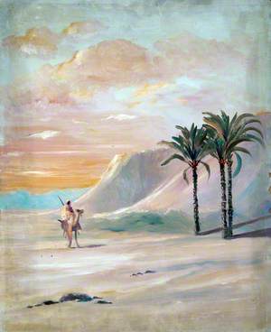 Mountainous Desert Landscape with a Camel Rider and Palm Trees